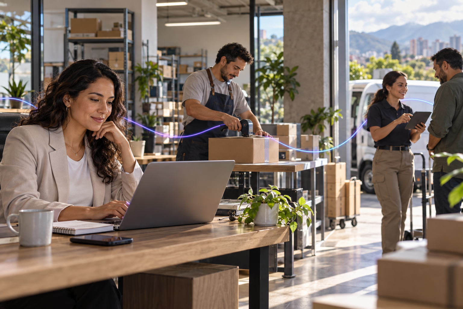 Equipo de ventas, operación y servicio trabajando de forma coordinada